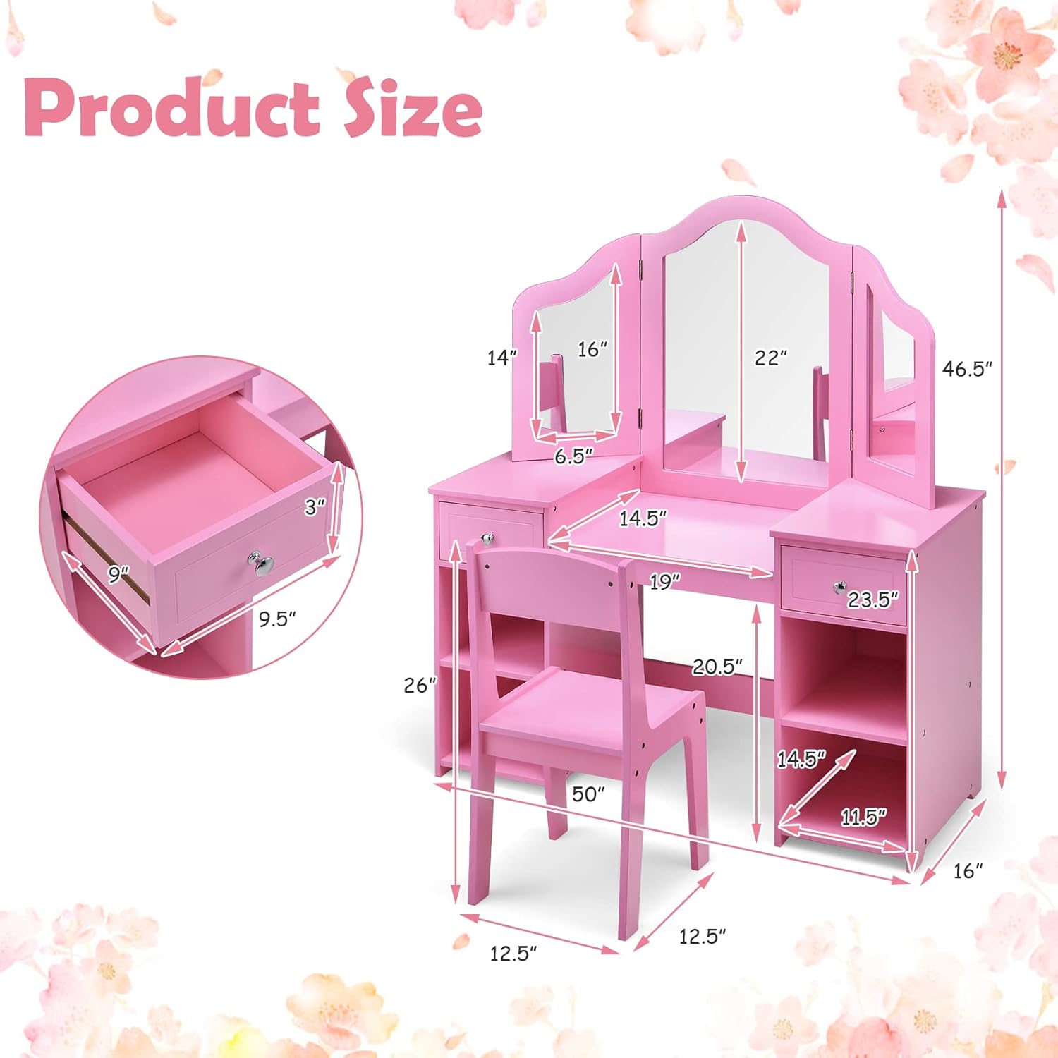 OLAKIDS Kids Vanity, 2 in 1 Wooden Princess Makeup Table and Chair for Toddlers