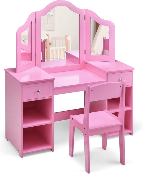 OLAKIDS Kids Vanity, 2 in 1 Wooden Princess Makeup Table and Chair for Toddlers