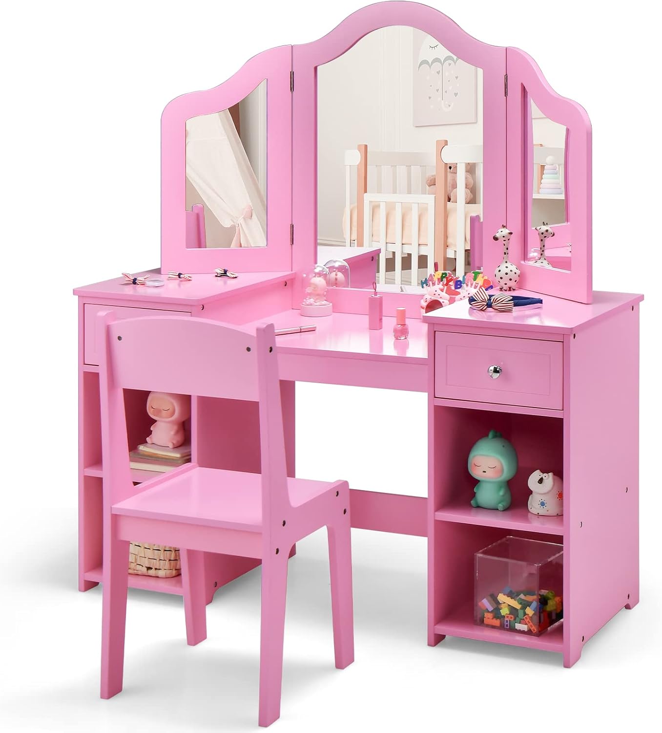 OLAKIDS Kids Vanity, 2 in 1 Wooden Princess Makeup Table and Chair for Toddlers