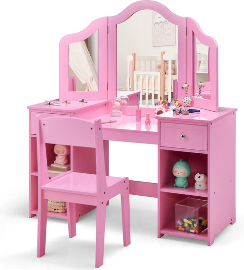 OLAKIDS Kids Vanity, 2 in 1 Wooden Princess Makeup Table and Chair for Toddlers