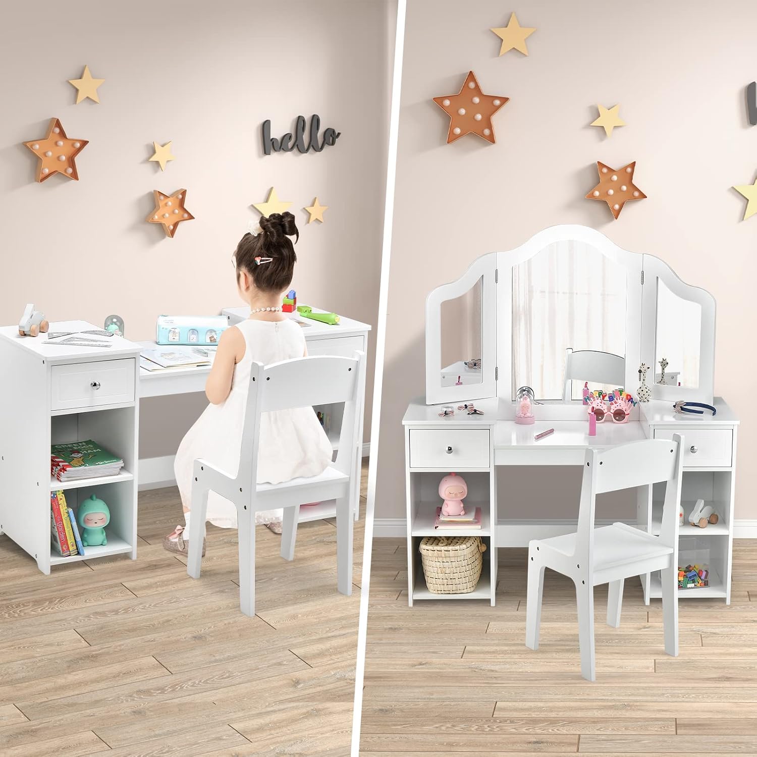 OLAKIDS Kids Vanity, 2 in 1 Wooden Princess Makeup Table and Chair for Toddlers