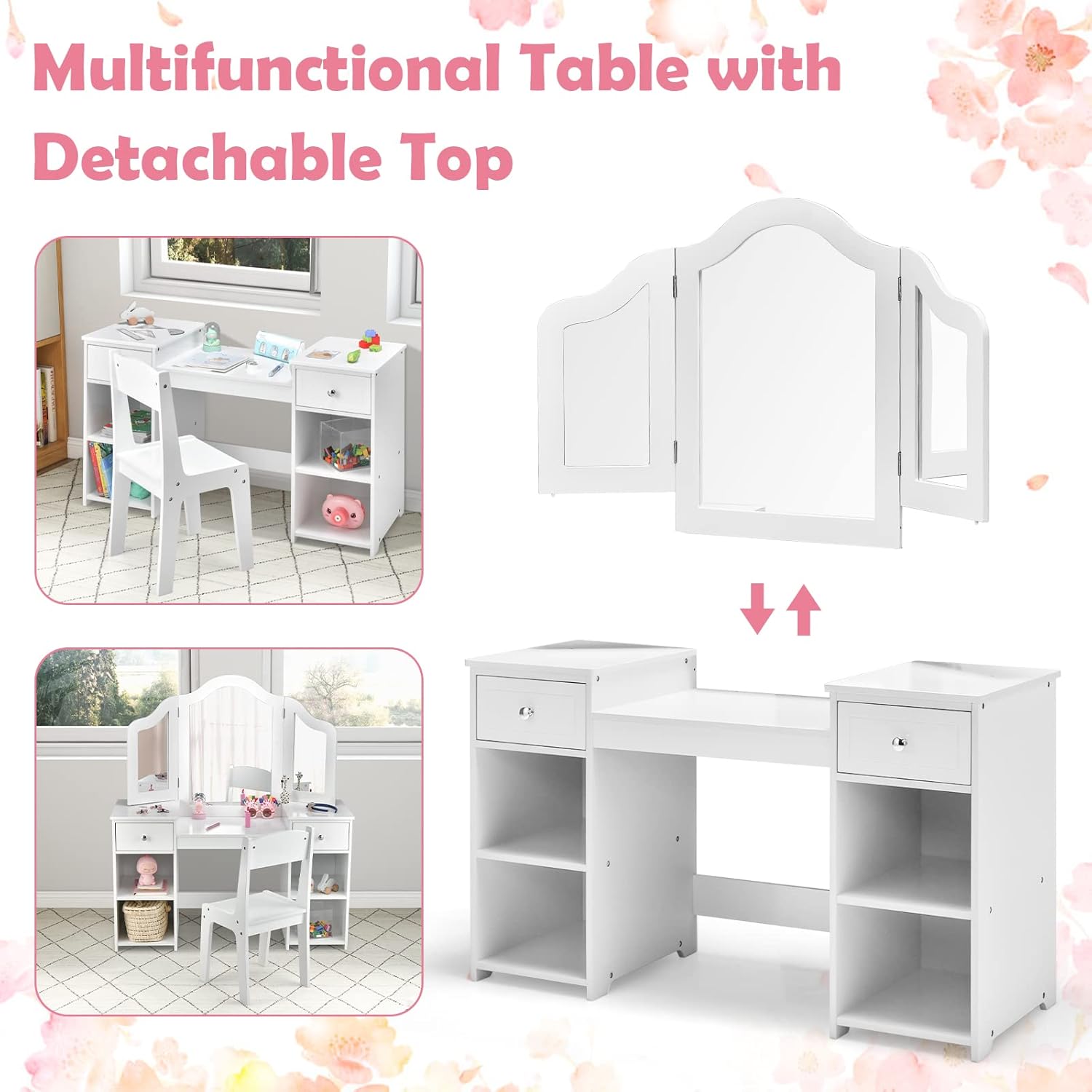 OLAKIDS Kids Vanity, 2 in 1 Wooden Princess Makeup Table and Chair for Toddlers