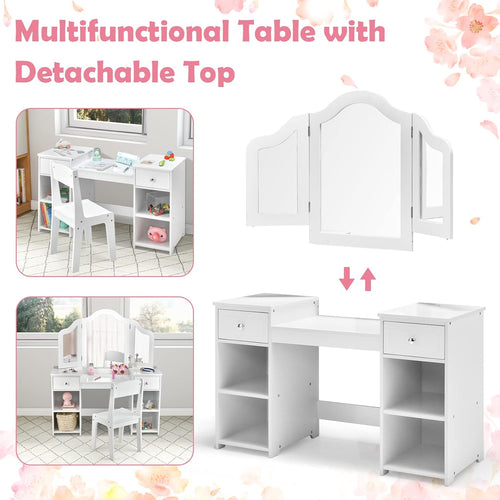 OLAKIDS Kids Vanity, 2 in 1 Wooden Princess Makeup Table and Chair for Toddlers
