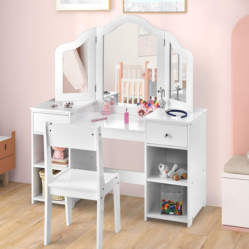 OLAKIDS Kids Vanity, 2 in 1 Wooden Princess Makeup Table and Chair for Toddlers