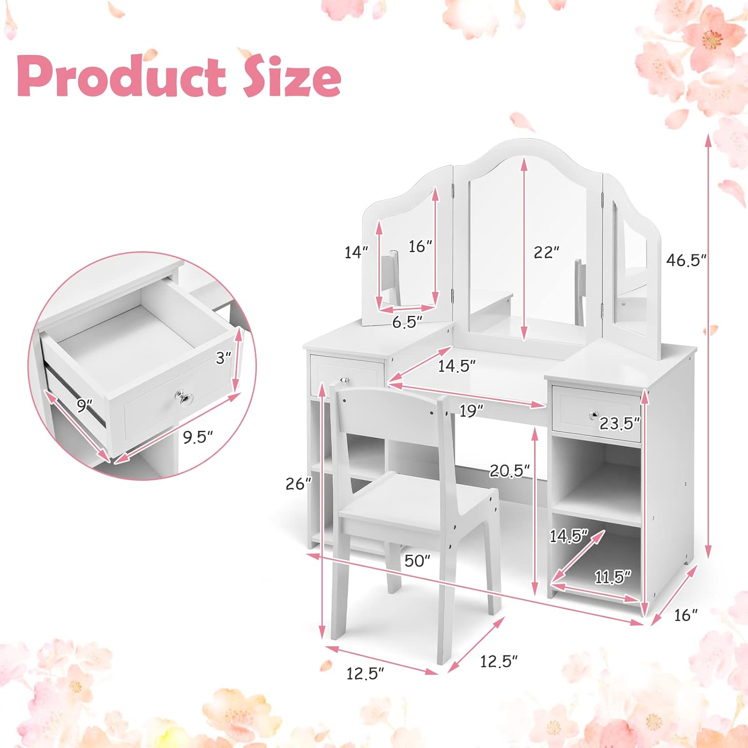 OLAKIDS Kids Vanity, 2 in 1 Wooden Princess Makeup Table and Chair for Toddlers