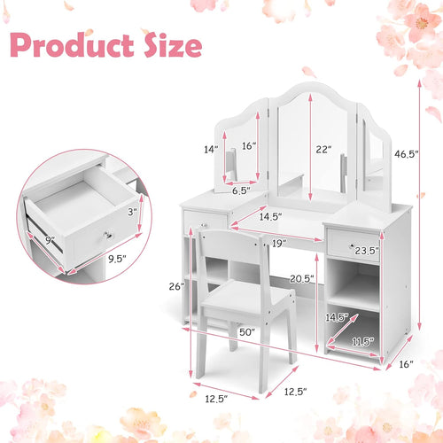 OLAKIDS Kids Vanity, 2 in 1 Wooden Princess Makeup Table and Chair for Toddlers