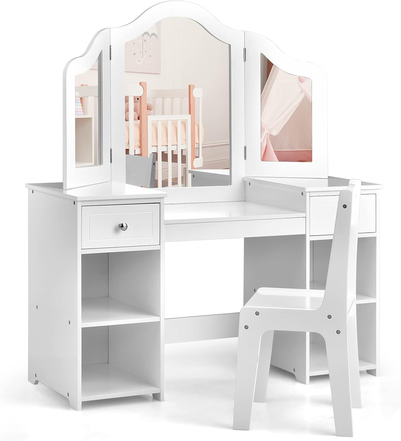 OLAKIDS Kids Vanity, 2 in 1 Wooden Princess Makeup Table and Chair for Toddlers