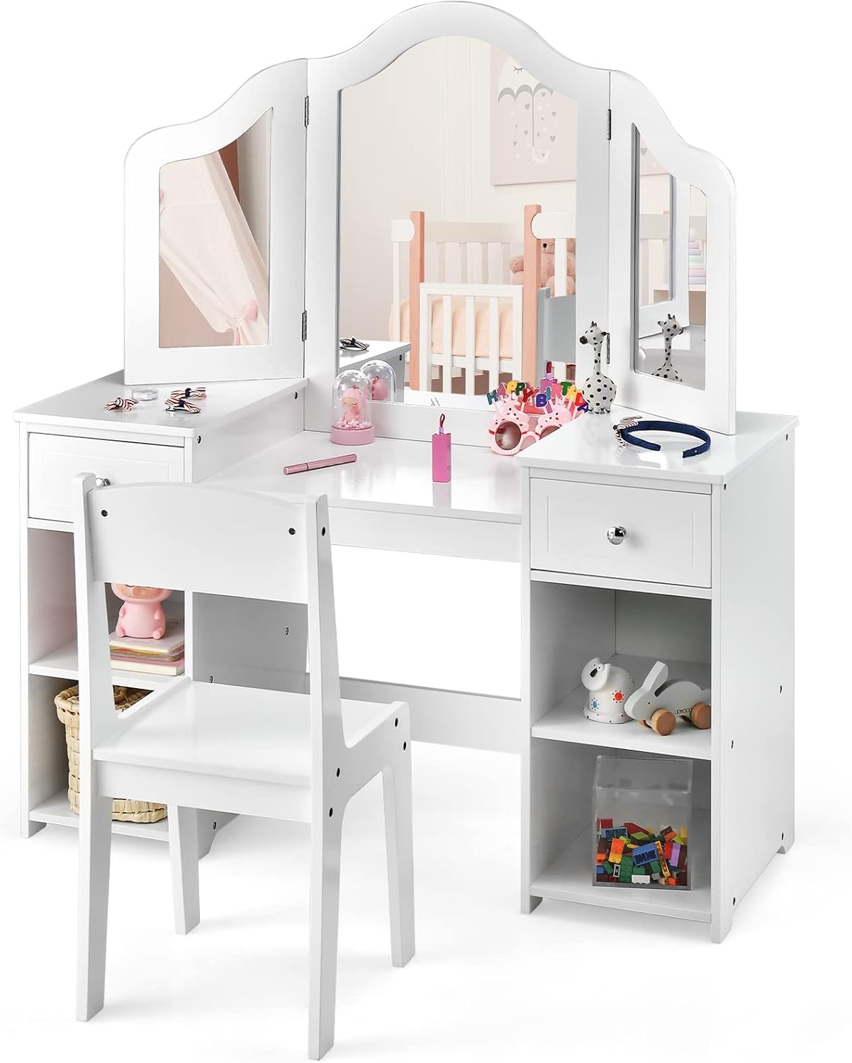 OLAKIDS Kids Vanity, 2 in 1 Wooden Princess Makeup Table and Chair for Toddlers