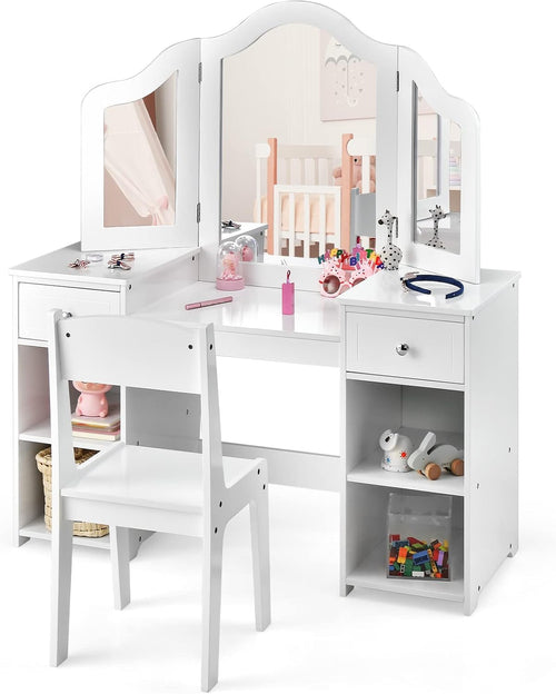 OLAKIDS Kids Vanity, 2 in 1 Wooden Princess Makeup Table and Chair for Toddlers