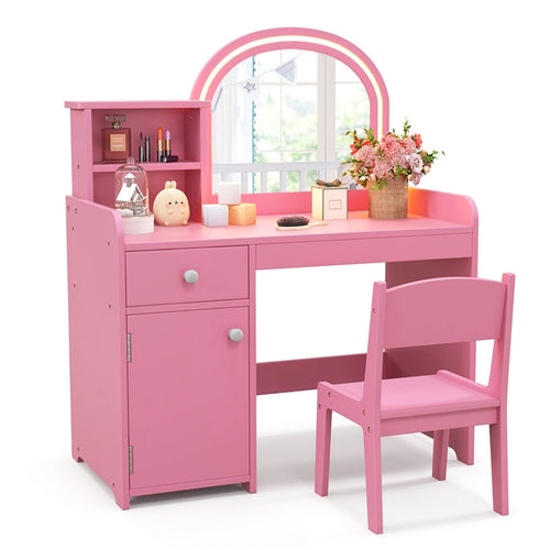 OLAKIDS Kids Vanity, Princess Makeup Desk and Chair Set with Lights Mirror, Pretend Play Vanity Set for Toddler Girls