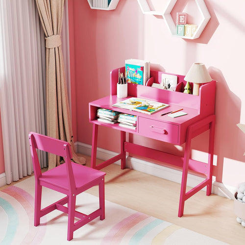 OLAKIDS Table and Chair Set, Toddler Wooden Student Study Desk with Chair Storage Boys Girls 3+ Years Old