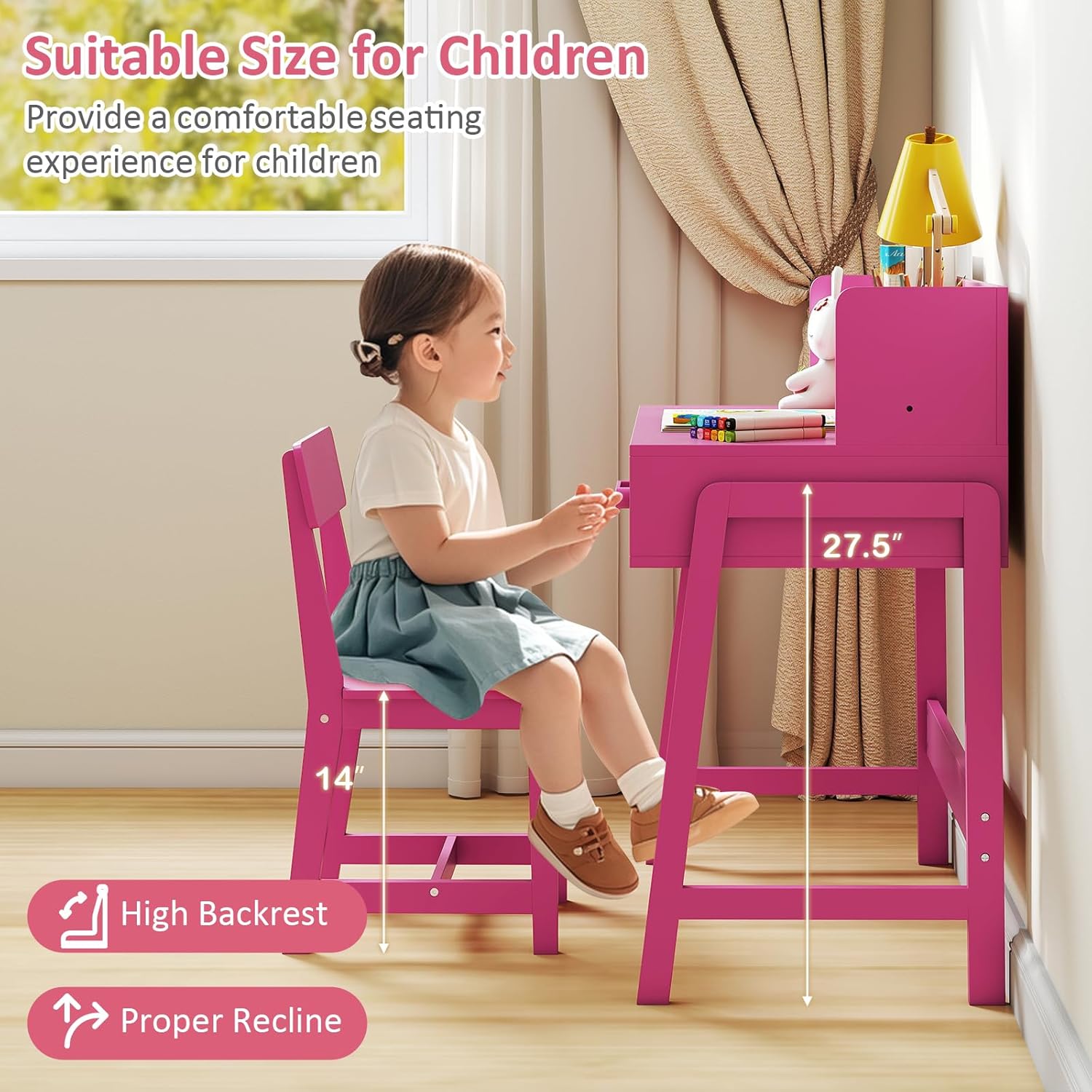 OLAKIDS Table and Chair Set, Toddler Wooden Student Study Desk with Chair Storage Boys Girls 3+ Years Old