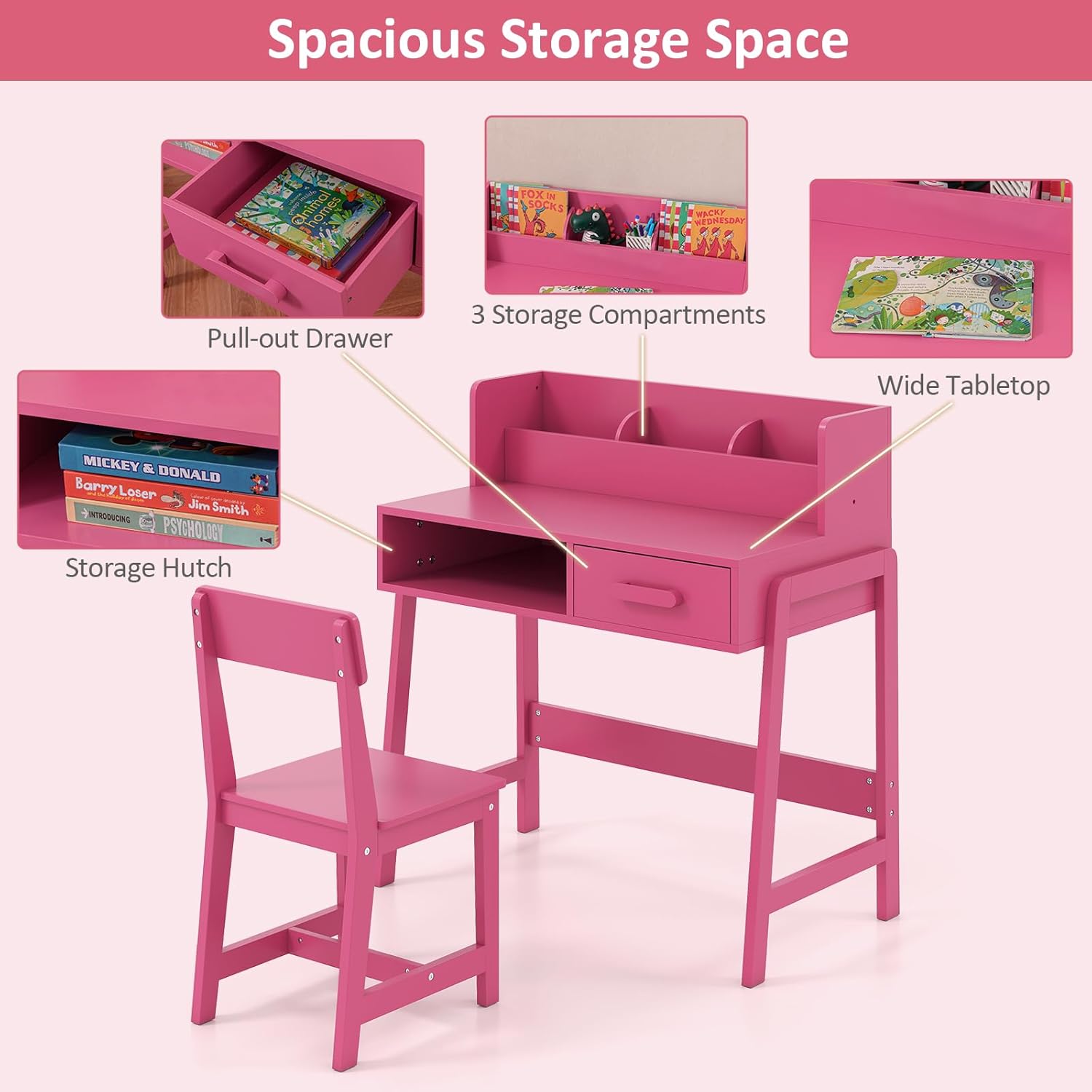 OLAKIDS Table and Chair Set, Toddler Wooden Student Study Desk with Chair Storage Boys Girls 3+ Years Old