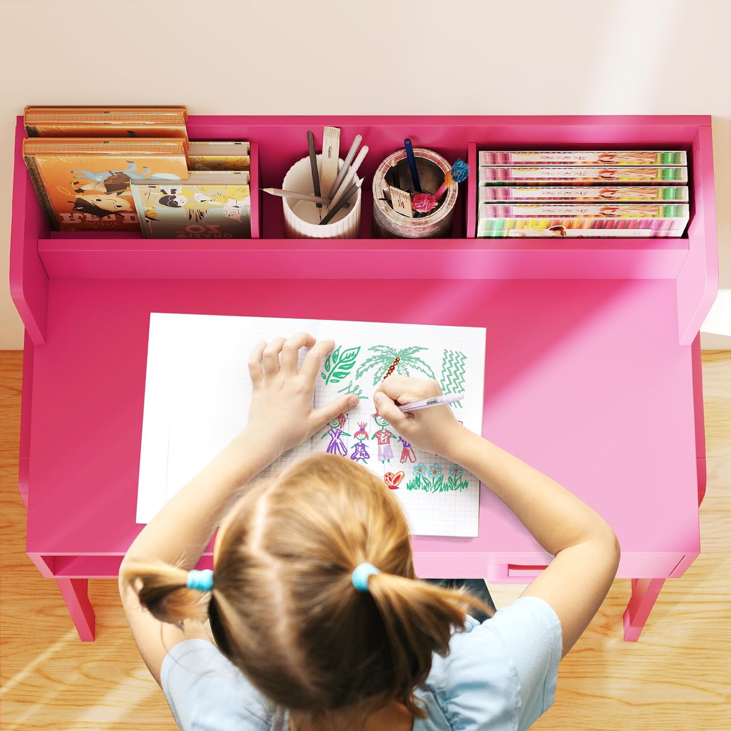 OLAKIDS Table and Chair Set, Toddler Wooden Student Study Desk with Chair Storage Boys Girls 3+ Years Old