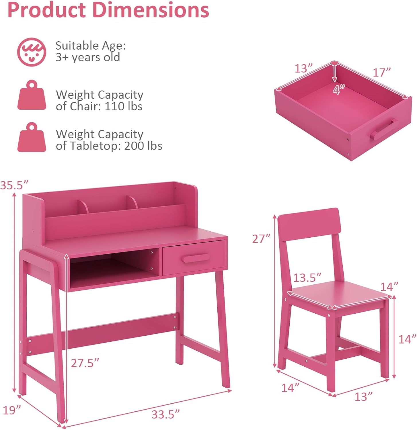 OLAKIDS Table and Chair Set, Toddler Wooden Student Study Desk with Chair Storage Boys Girls 3+ Years Old