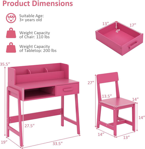 OLAKIDS Table and Chair Set, Toddler Wooden Student Study Desk with Chair Storage Boys Girls 3+ Years Old