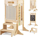 OLAKIDS Foldable 4-in-1 Wooden Toddler Tower, 2-Step Standing Stool with Chalkboard, Kitchen Helper for Kids 3+