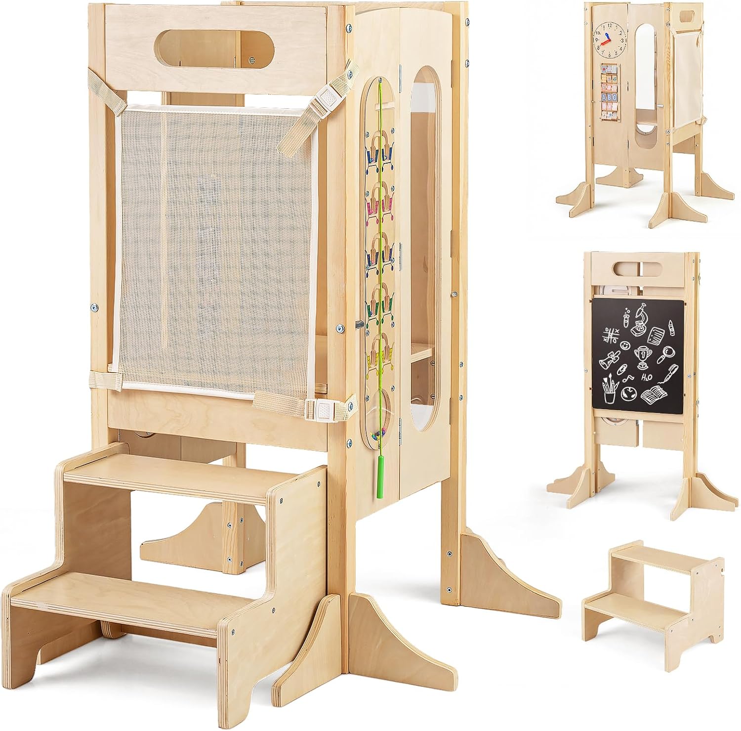 OLAKIDS Foldable 4-in-1 Wooden Toddler Tower, 2-Step Standing Stool with Chalkboard, Kitchen Helper for Kids 3+