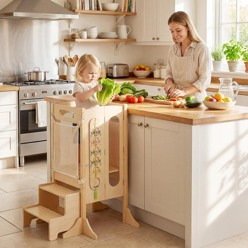 OLAKIDS Foldable 4-in-1 Wooden Toddler Tower, 2-Step Standing Stool with Chalkboard, Kitchen Helper for Kids 3+