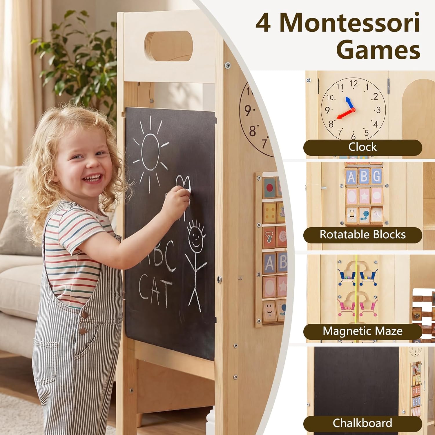 OLAKIDS Foldable 4-in-1 Wooden Toddler Tower, 2-Step Standing Stool with Chalkboard, Kitchen Helper for Kids 3+