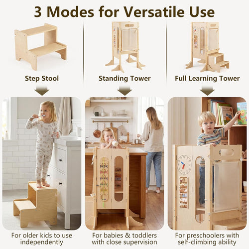 OLAKIDS Foldable 4-in-1 Wooden Toddler Tower, 2-Step Standing Stool with Chalkboard, Kitchen Helper for Kids 3+