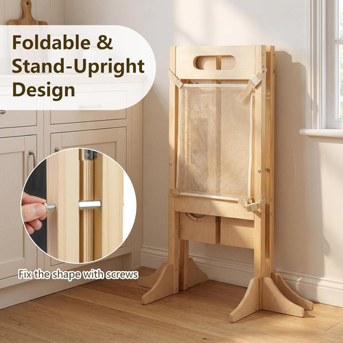 OLAKIDS Foldable 4-in-1 Wooden Toddler Tower, 2-Step Standing Stool with Chalkboard, Kitchen Helper for Kids 3+