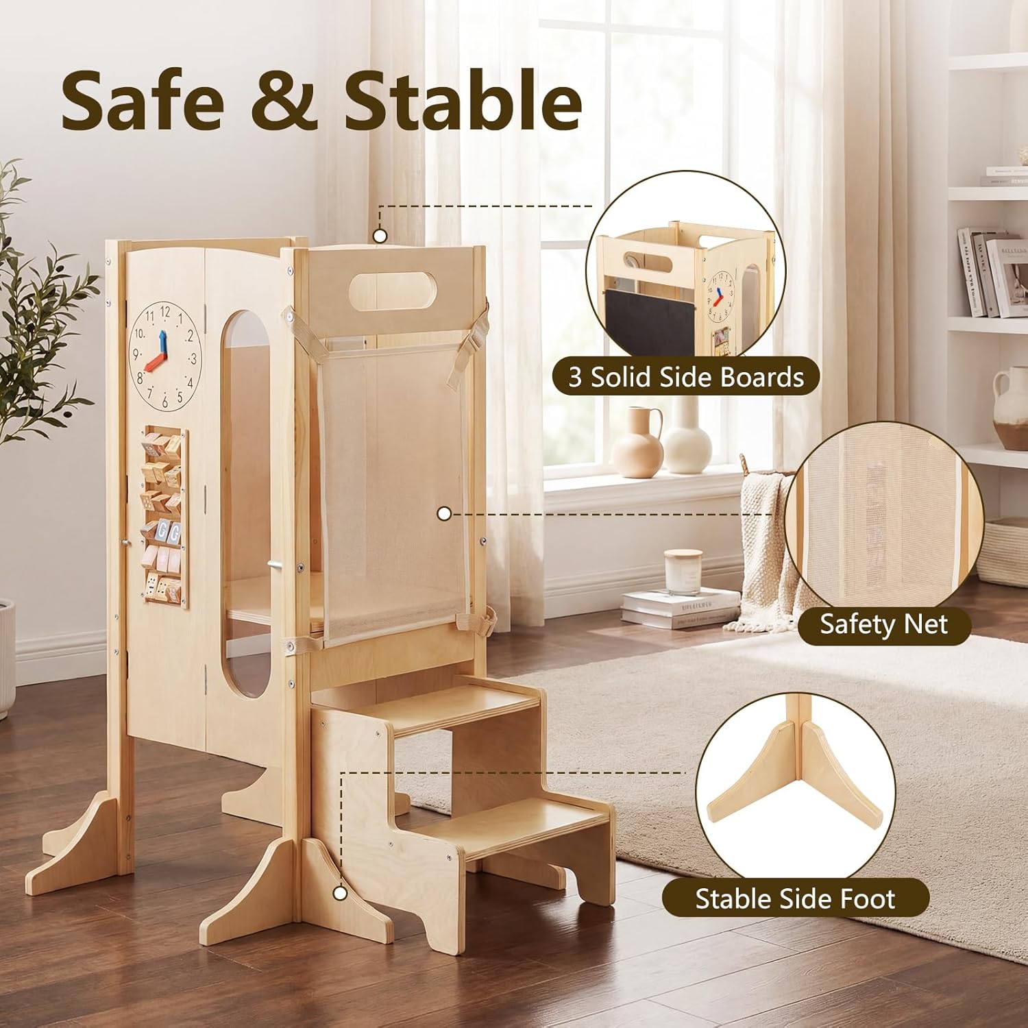 OLAKIDS Foldable 4-in-1 Wooden Toddler Tower, 2-Step Standing Stool with Chalkboard, Kitchen Helper for Kids 3+