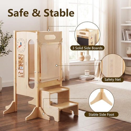 OLAKIDS Foldable 4-in-1 Wooden Toddler Tower, 2-Step Standing Stool with Chalkboard, Kitchen Helper for Kids 3+