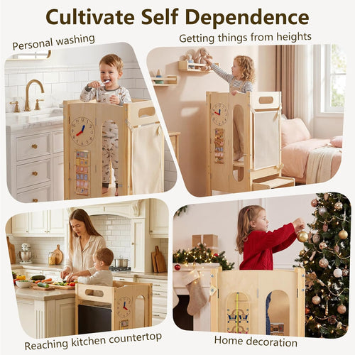 OLAKIDS Foldable 4-in-1 Wooden Toddler Tower, 2-Step Standing Stool with Chalkboard, Kitchen Helper for Kids 3+