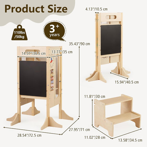 OLAKIDS Foldable 4-in-1 Wooden Toddler Tower, 2-Step Standing Stool with Chalkboard, Kitchen Helper for Kids 3+