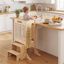 OLAKIDS Foldable 4-in-1 Wooden Toddler Tower, 2-Step Standing Stool with Chalkboard, Kitchen Helper for Kids 3+