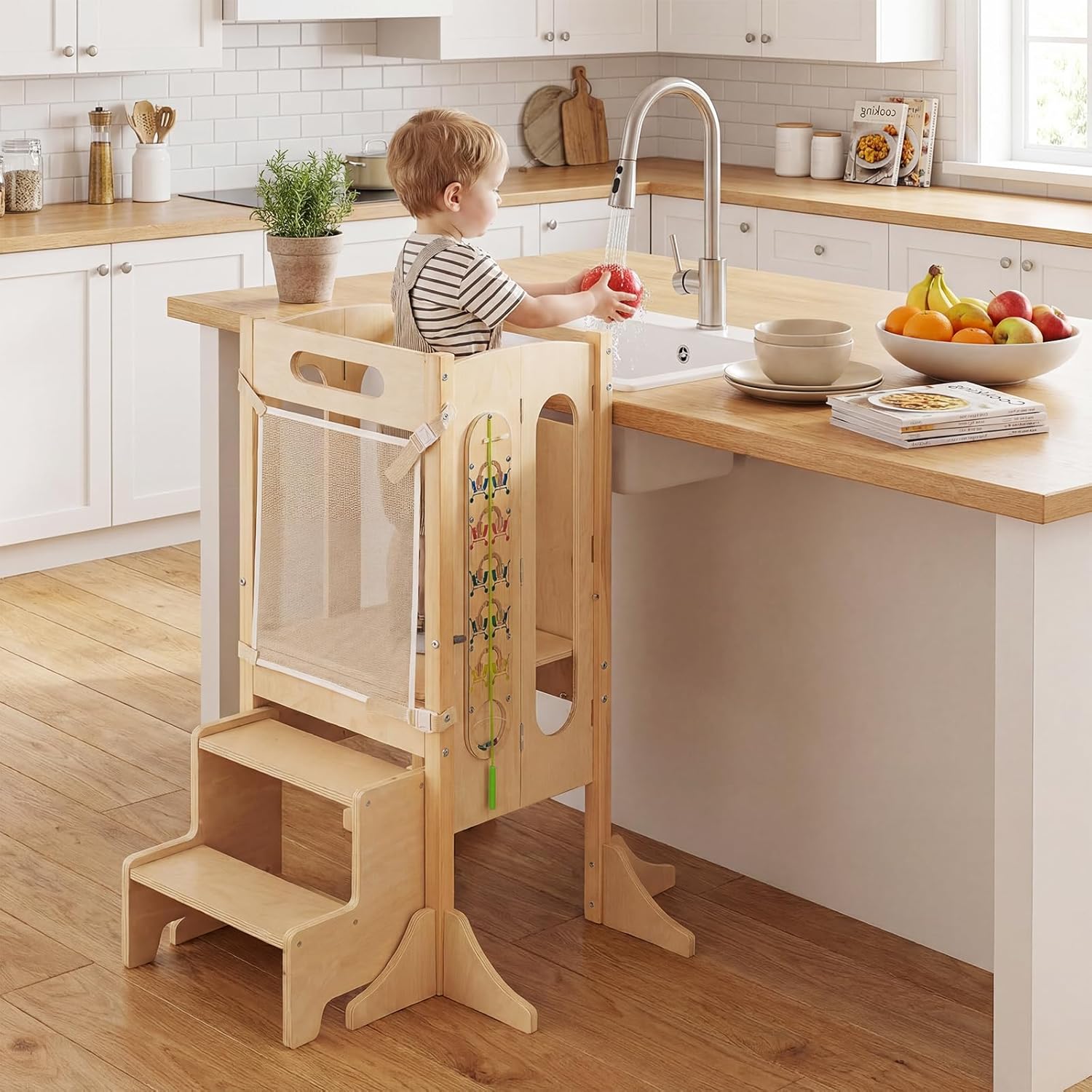 OLAKIDS Foldable 4-in-1 Wooden Toddler Tower, 2-Step Standing Stool with Chalkboard, Kitchen Helper for Kids 3+