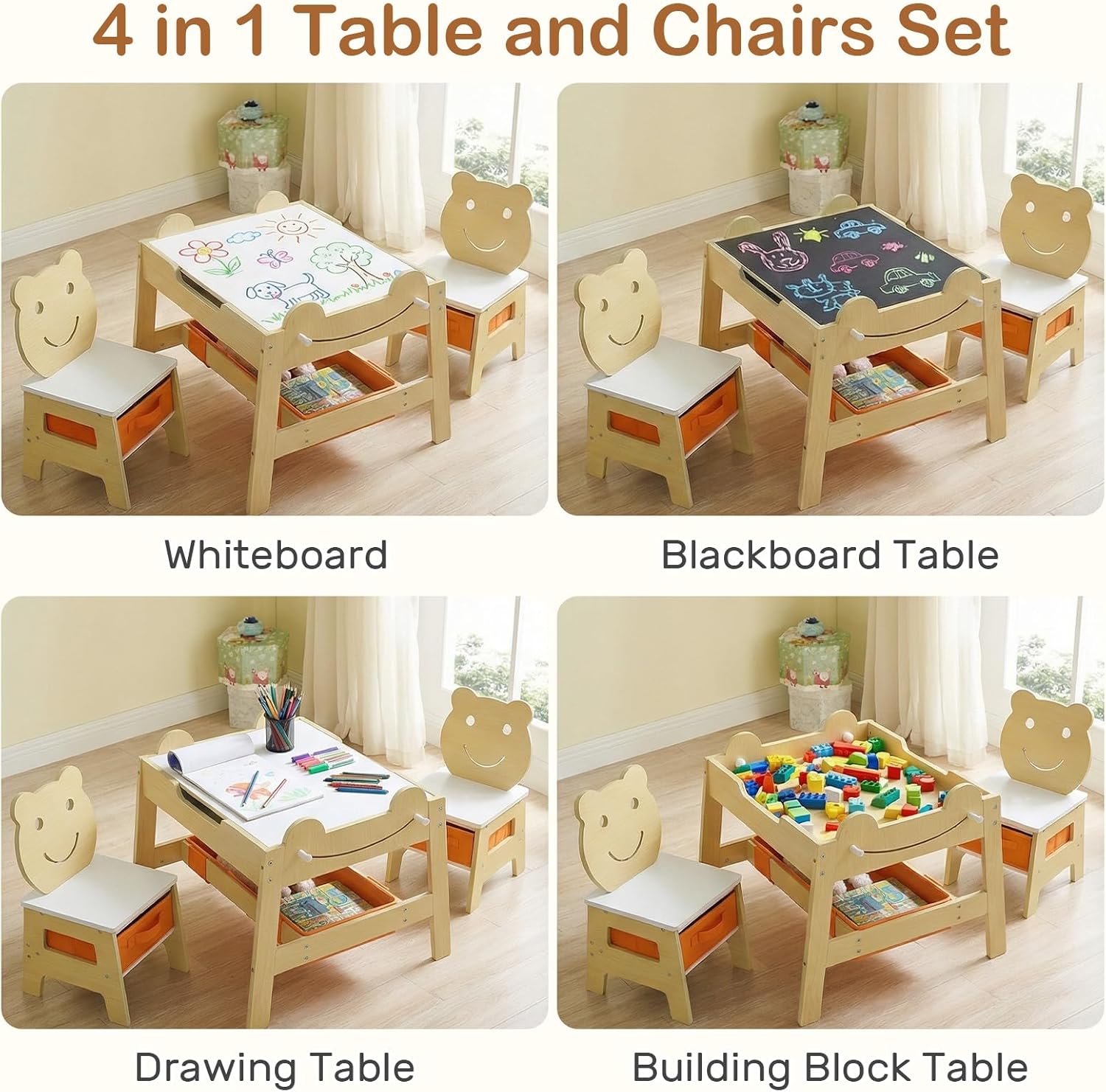 INFANS Kids Table and Chair Set, 4 in 1 Wooden Activity Desk with Reversible Detachable Tabletop