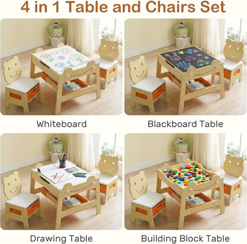 INFANS Kids Table and Chair Set, 4 in 1 Wooden Activity Desk with Reversible Detachable Tabletop