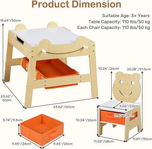 INFANS Kids Table and Chair Set, 4 in 1 Wooden Activity Desk with Reversible Detachable Tabletop