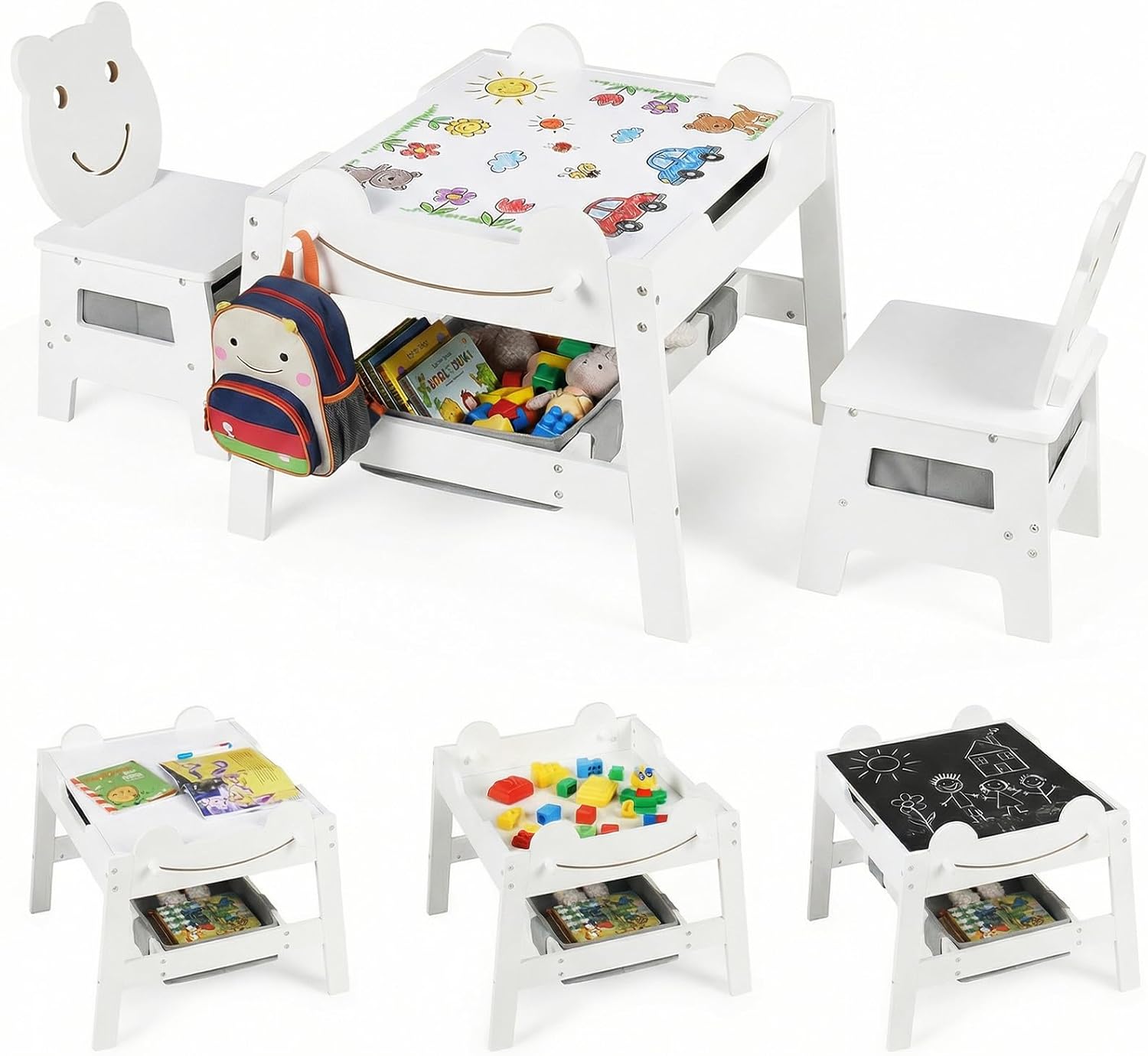 INFANS Kids Table and Chair Set, 4 in 1 Wooden Activity Desk with Reversible Detachable Tabletop