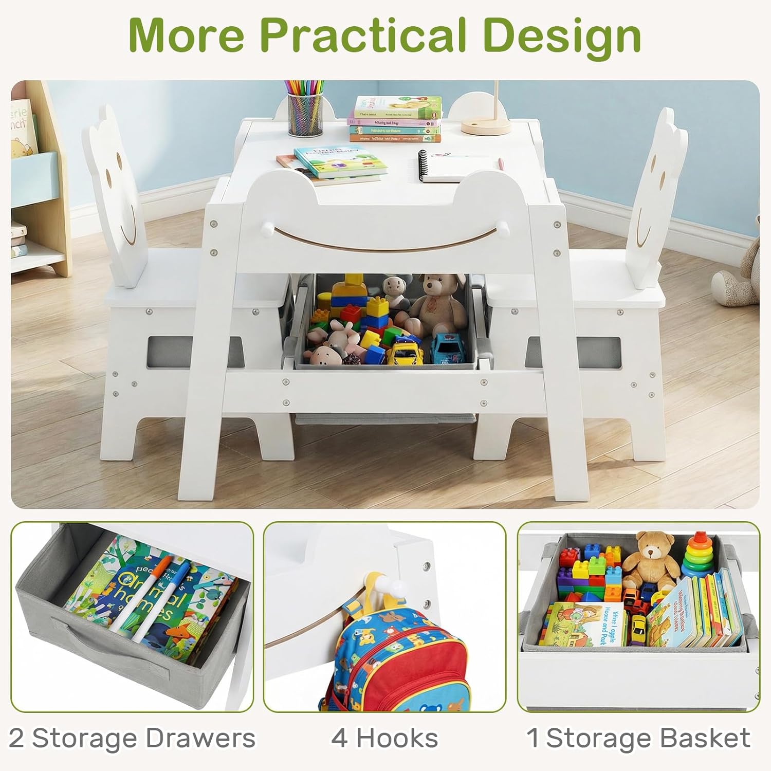 INFANS Kids Table and Chair Set, 4 in 1 Wooden Activity Desk with Reversible Detachable Tabletop