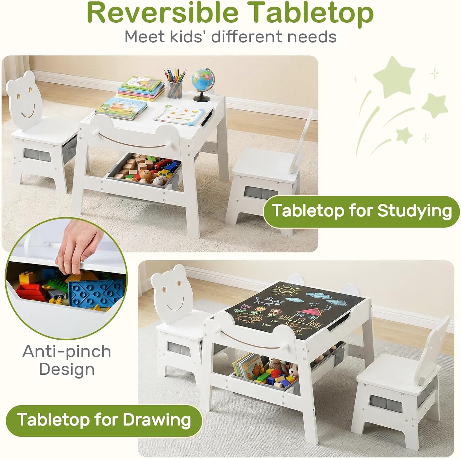 INFANS Kids Table and Chair Set, 4 in 1 Wooden Activity Desk with Reversible Detachable Tabletop