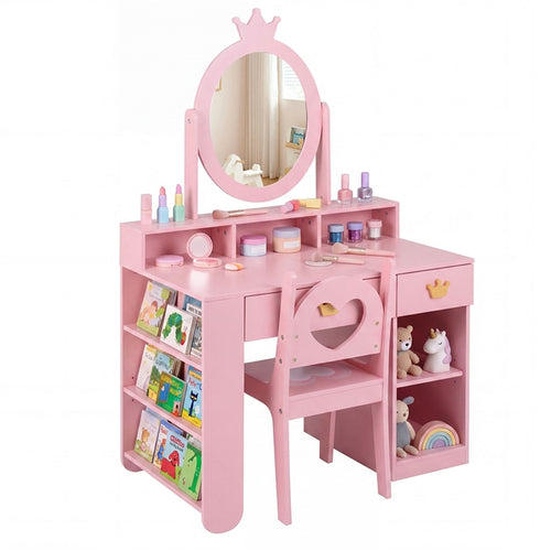 Olakids Kids Vanity Set, 360° Swivel Mirror, Storage & Adjustable Shelves, Table Chair for Girls 3+