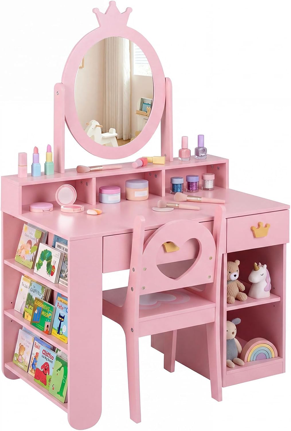 Olakids Kids Vanity Set, 360° Swivel Mirror, Storage & Adjustable Shelves, Table Chair for Girls 3+