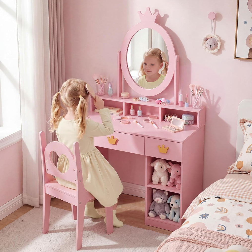 Olakids Kids Vanity Set, 360° Swivel Mirror, Storage & Adjustable Shelves, Table Chair for Girls 3+
