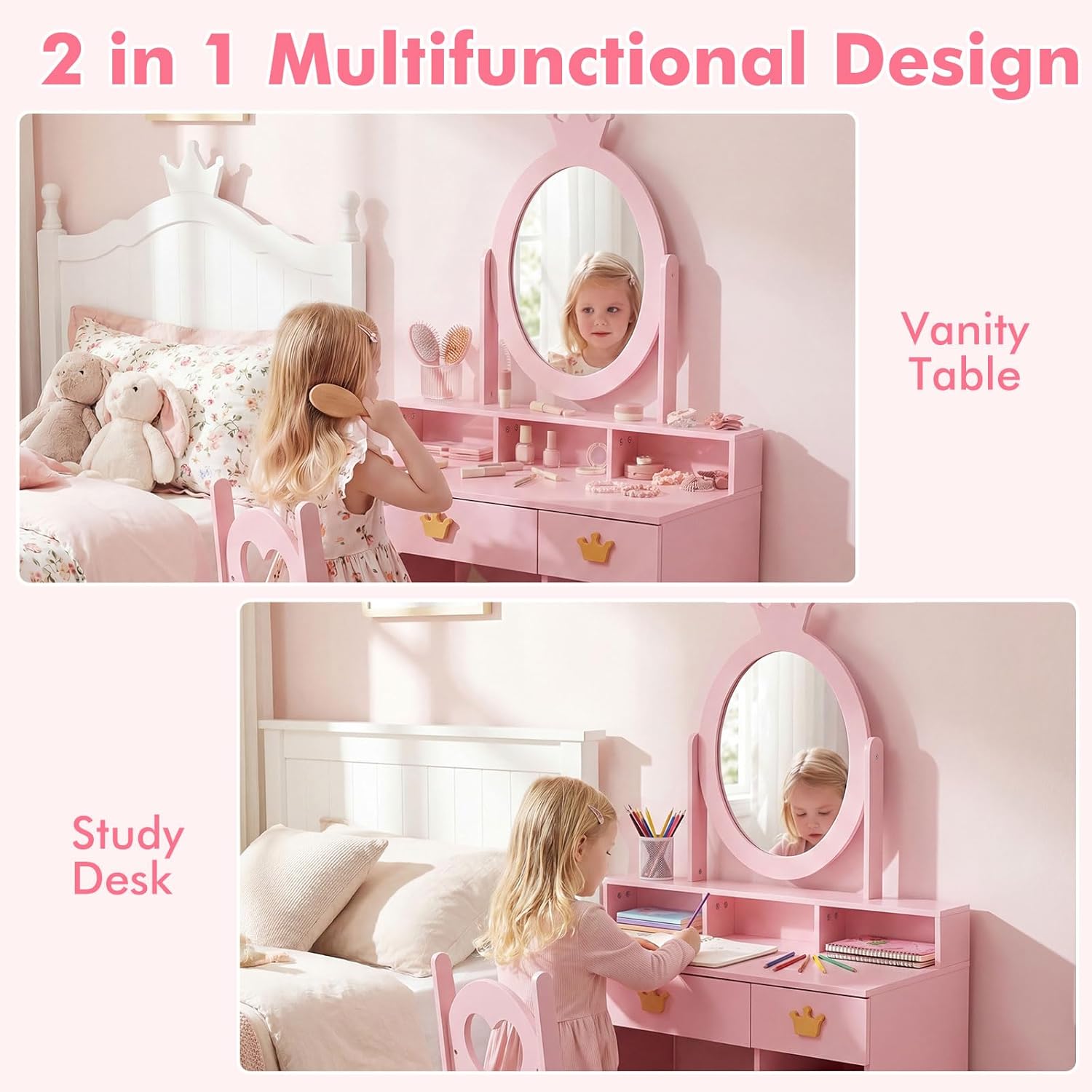 Olakids Kids Vanity Set, 360° Swivel Mirror, Storage & Adjustable Shelves, Table Chair for Girls 3+