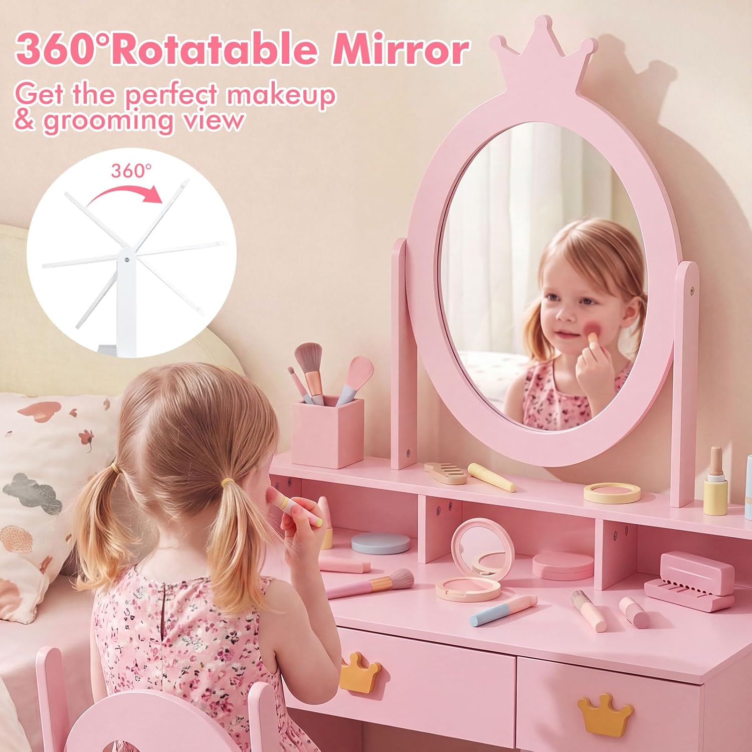 Olakids Kids Vanity Set, 360° Swivel Mirror, Storage & Adjustable Shelves, Table Chair for Girls 3+
