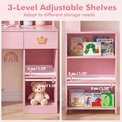Olakids Kids Vanity Set, 360° Swivel Mirror, Storage & Adjustable Shelves, Table Chair for Girls 3+