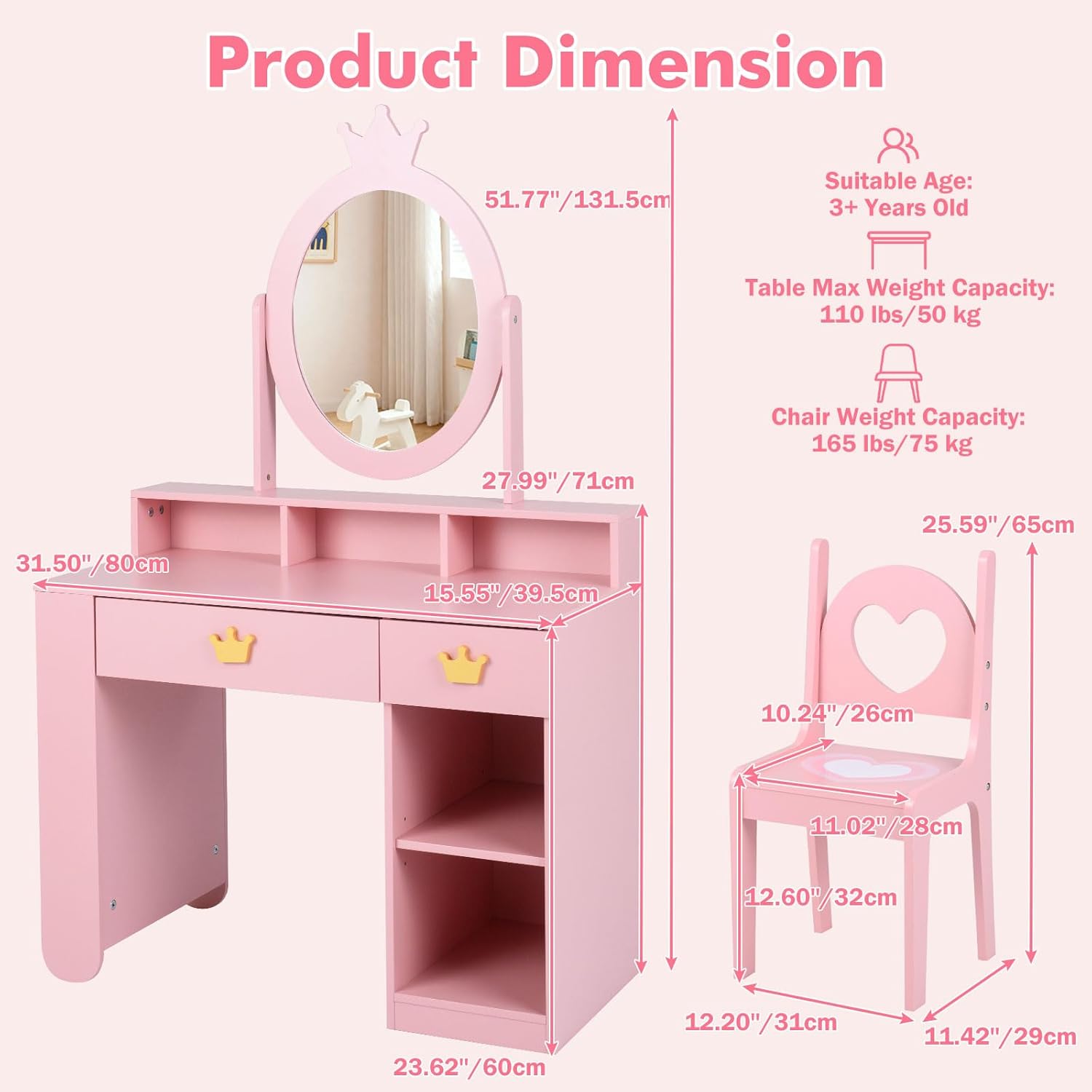 Olakids Kids Vanity Set, 360° Swivel Mirror, Storage & Adjustable Shelves, Table Chair for Girls 3+