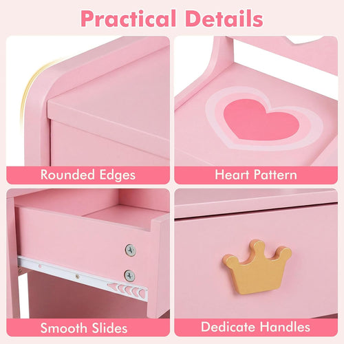 Olakids Kids Vanity Set, 360° Swivel Mirror, Storage & Adjustable Shelves, Table Chair for Girls 3+