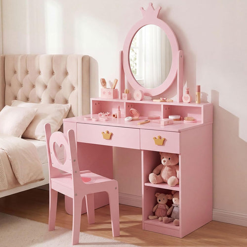 Olakids Kids Vanity Set, 360° Swivel Mirror, Storage & Adjustable Shelves, Table Chair for Girls 3+
