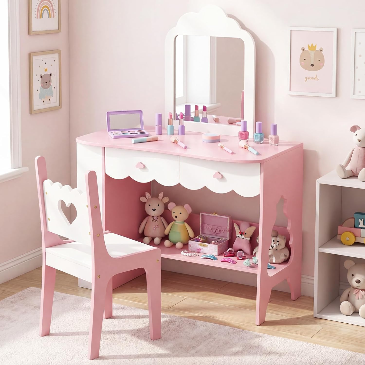 Olakids Kids Vanity Set, Makeup Desk with Mirror, Shelves & Drawers, Table Chair for Girls 3+