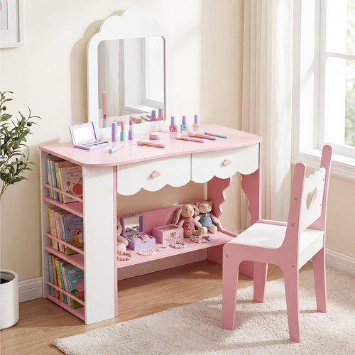 Olakids Kids Vanity Set, Makeup Desk with Mirror, Shelves & Drawers, Table Chair for Girls 3+