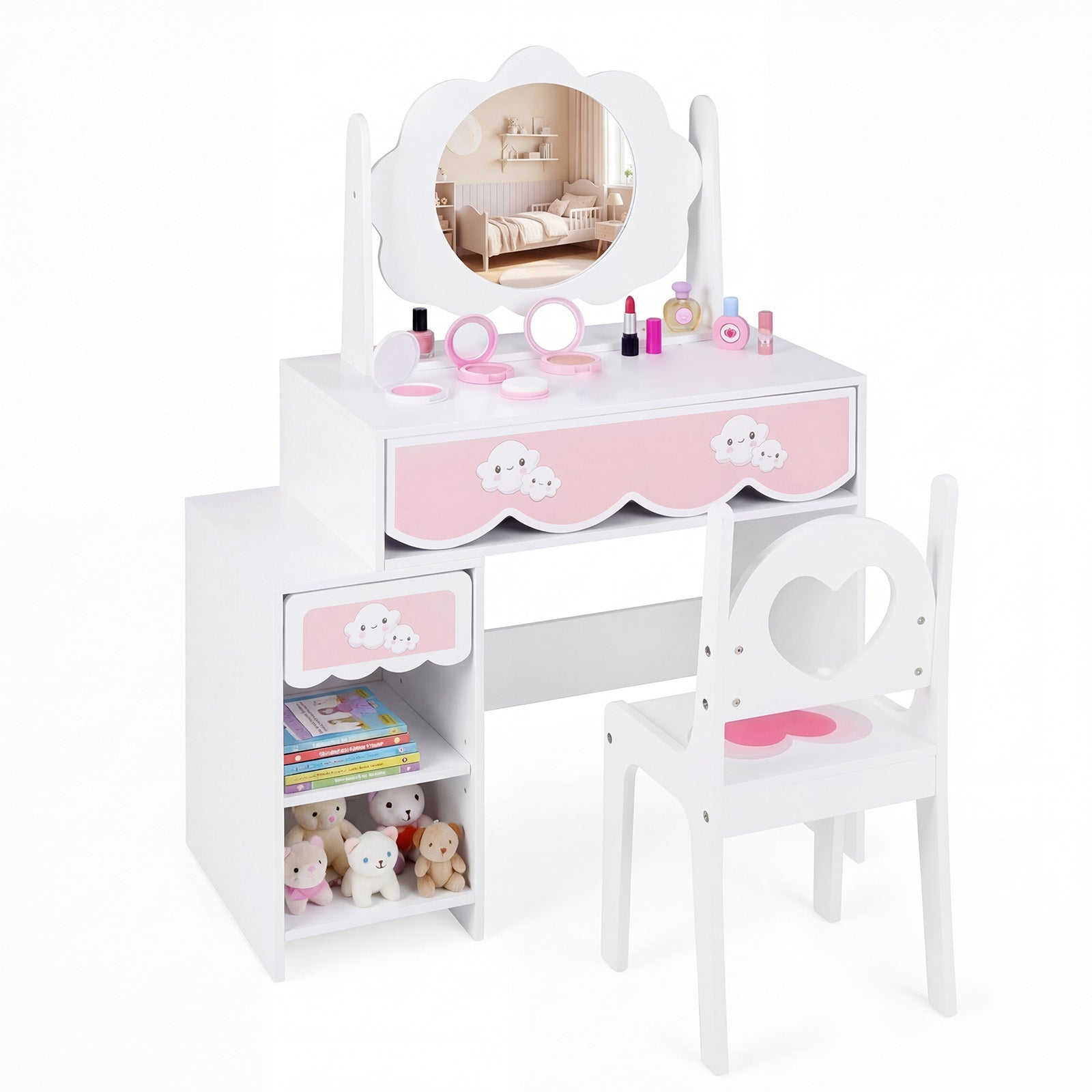 Olakids Wooden Kids Vanity Set, 360° Swivel Mirror, Storage Shelves & Drawers, Table Chair for Girls 3+
